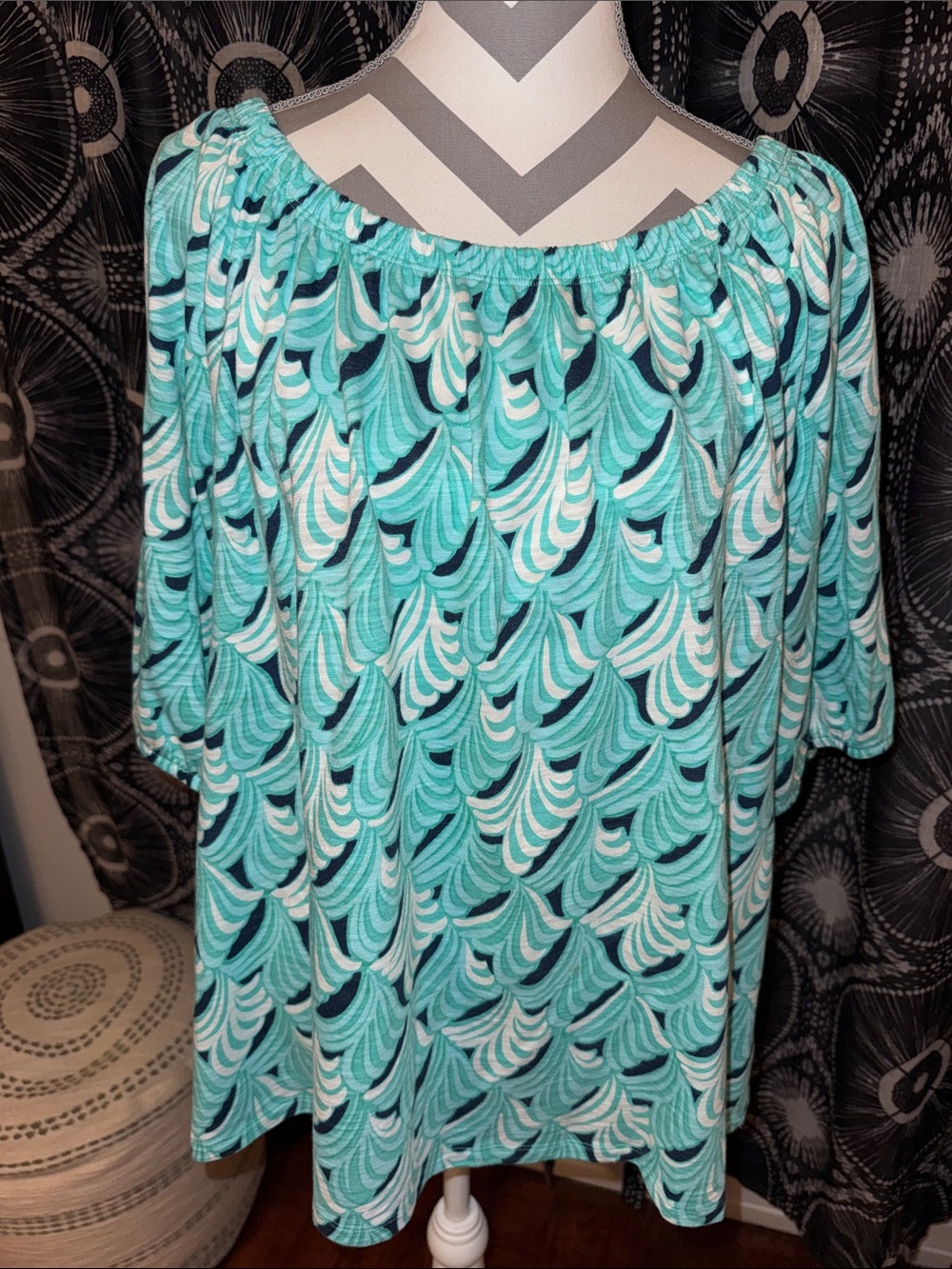 Talbots Off-Shoulder Women's Top in Aqua Wave Print Size XL